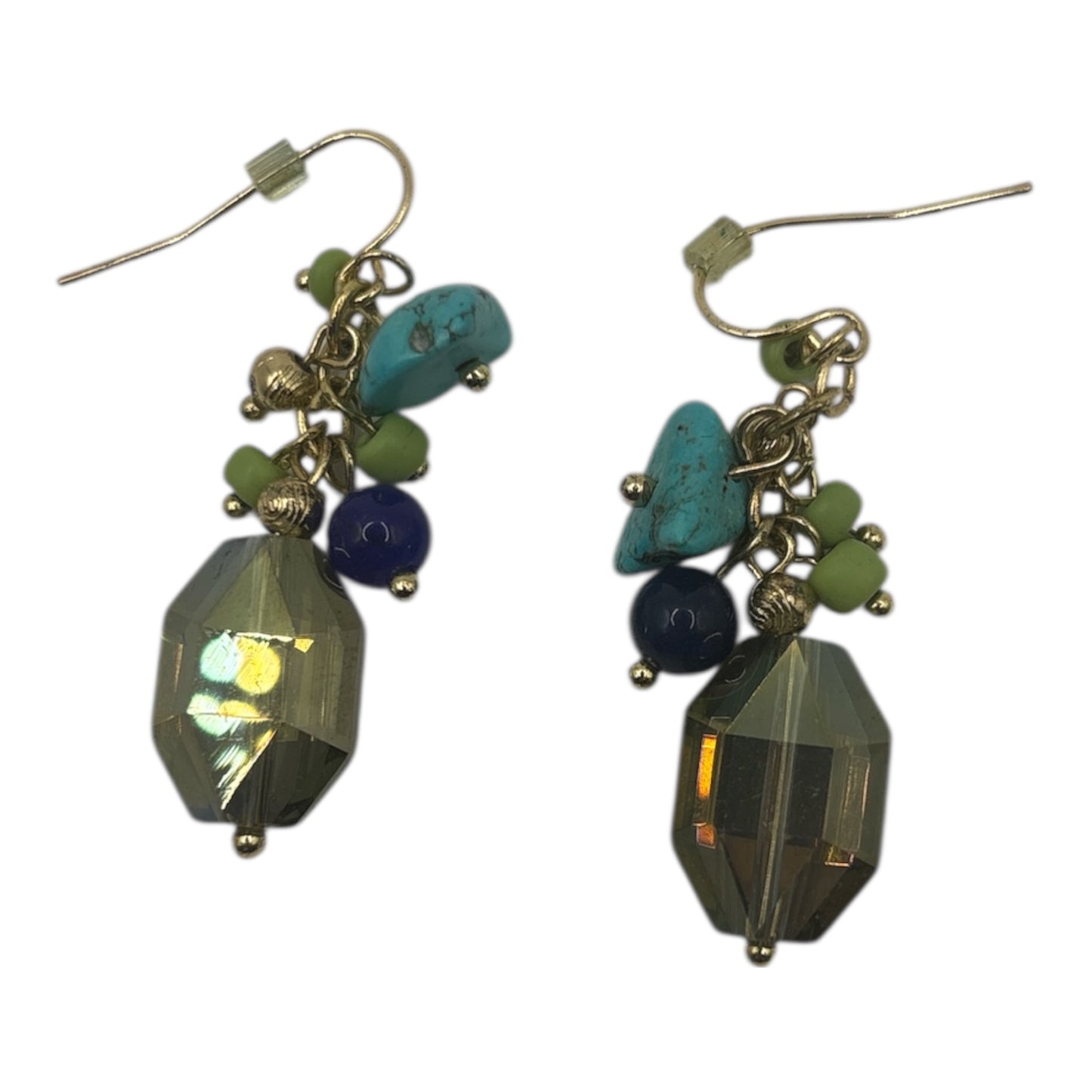 Turquoise, lime green and royal blue beads dangling earrings